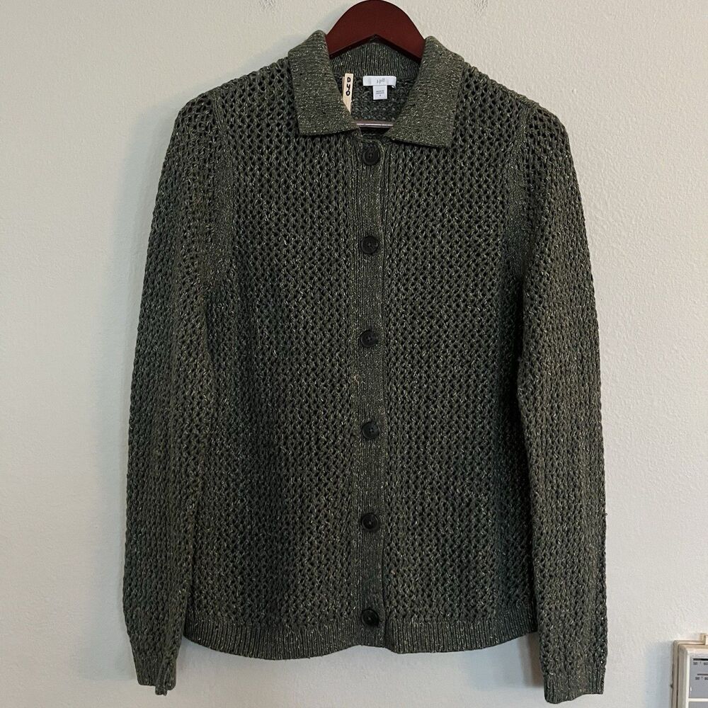 J. Jill Green Long Sleeve Open Knit Button Up Collared  Cardigan Sweater SZ S